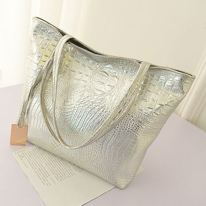 Women Fashionable Crocodile-Print Large-Capacity PU Tote Bag