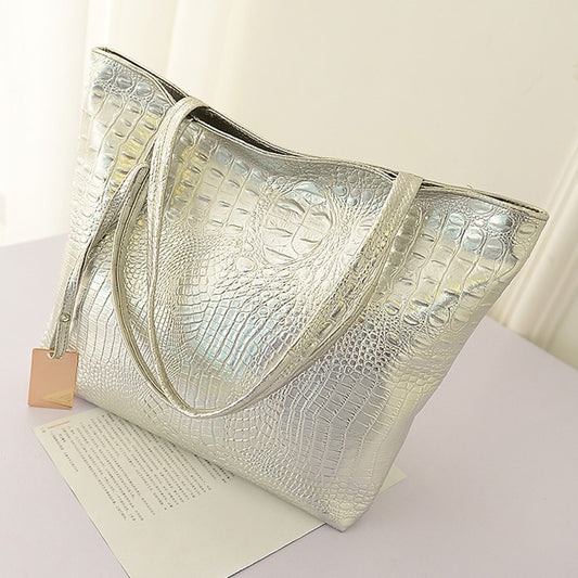 Women Fashionable Crocodile-Print Large-Capacity PU Tote Bag