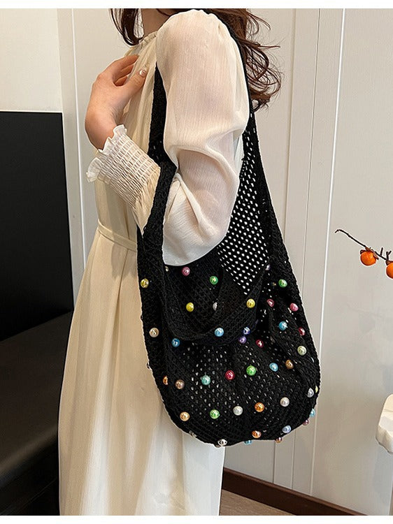Sac fourre-tout tissé creux à perles pour femme