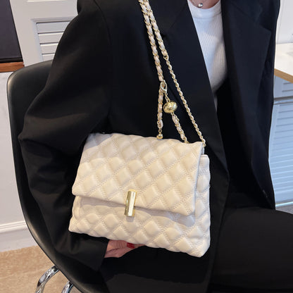 Women Basic Flap Buckle Design Rhombus Stitching Solid Color PU Shoulder Bag