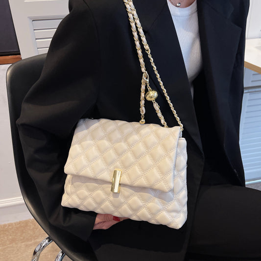 Sac à bandoulière en PU de couleur unie avec fermeture à rabat et coutures en losange pour femme 