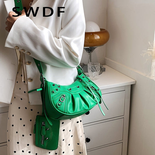 2 In 1 Women Creative Fashion Crease Design Rivet Decorative Solid Color PU Shoulder Bag