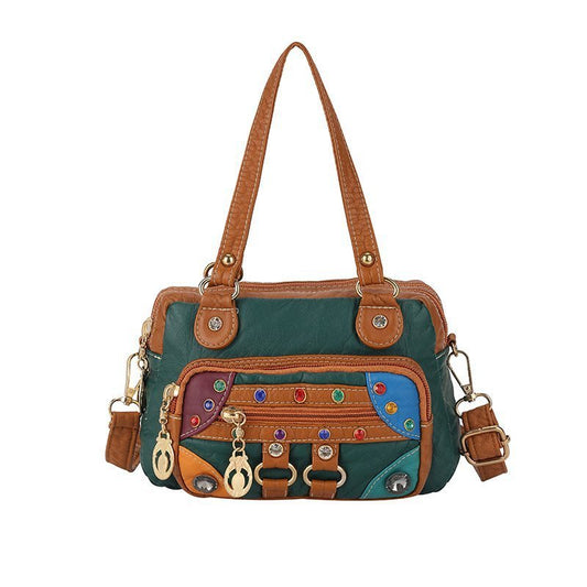 Women Fashion Vintage Colorblock Zipper Rhinestone PU Handle Shoulder Bag