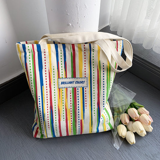 Women Fashion Casual Large Capacity Rainbow Stripe Clutch Shoulder Canvas Bag