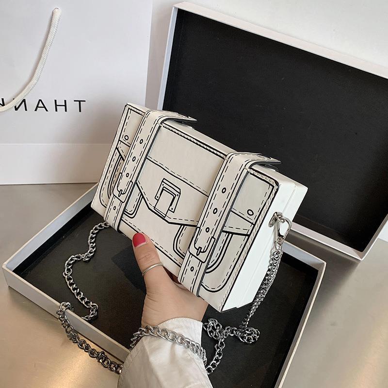 Sac à bandoulière carré avec chaîne et motif dessin animé pour femme 