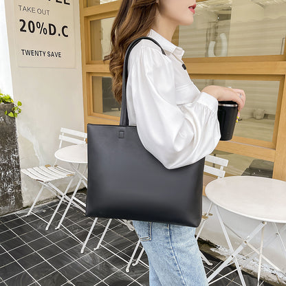 Women Fashion Basic Zipper Design Solid Color Large Capacity PU Tote Bag