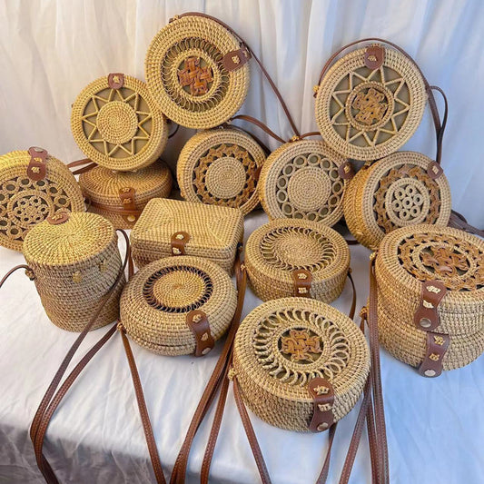 Sac rond en paille tissée vintage de style bohème 