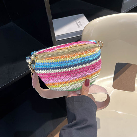 Women Fashion Boho Style Vacation Beach Rainbow Straw Woven Wide Shoulder Strap Chest Bag