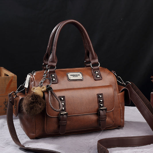 Women Fashion Retro Large Capacity Rivet Fur Ball Pendant PU Handle Shoulder Bag