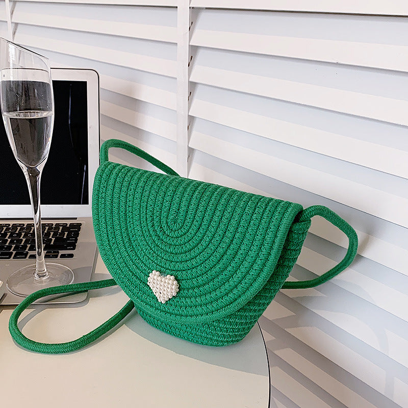 Women Fashionable Casual Straw Woven Heart-Shaped Pearl-Embellished Flap-On Crossbody Bag