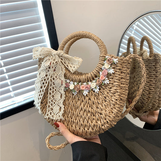 Sac à main de plage tissé à fleurs pour femme, style décontracté et tendance 