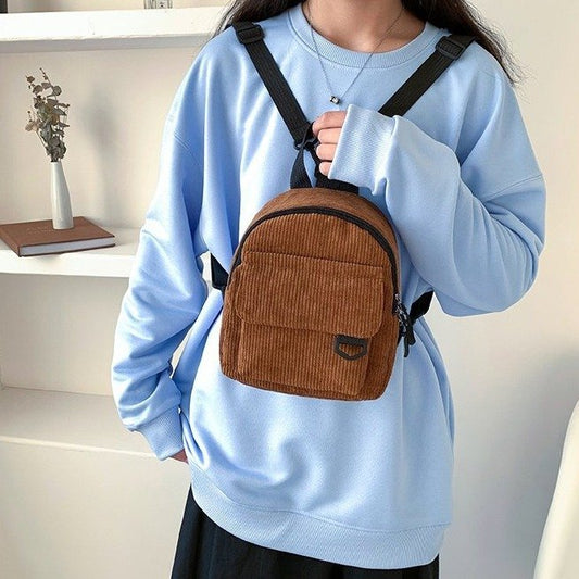 Women Fashion Retro Corduroy Solid Color Backpack