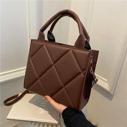Women Basic Rhombus Design Solid Color PU Handle Bag