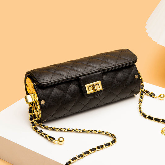 Women Vintage Chain Buckle Design Rhombus Pattern Leather Crossbody Bag