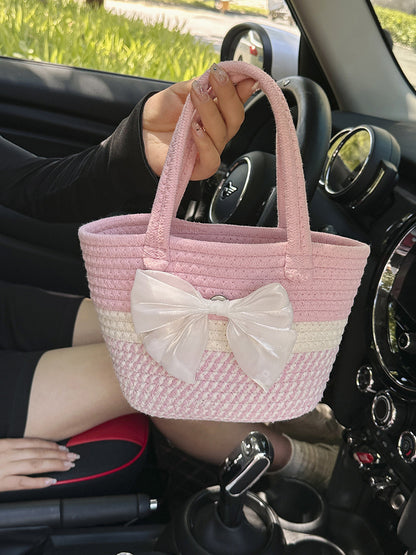 Sac à main décontracté en paille tissée avec nœud et motif floral pour femme, idéal pour les vacances, été 