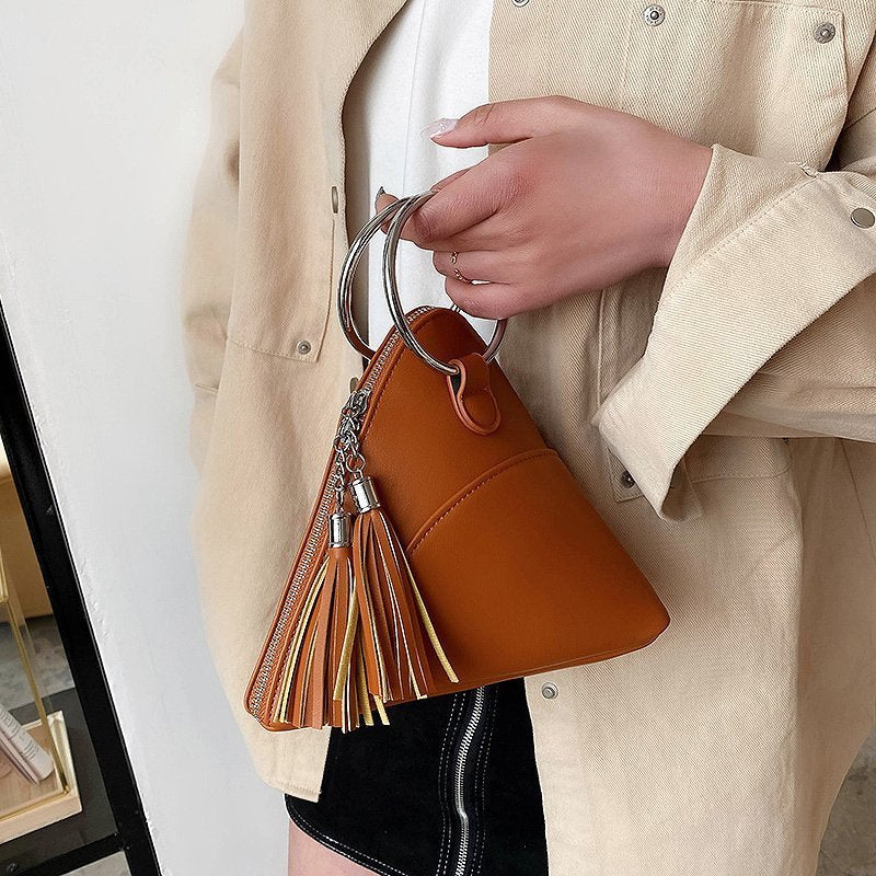 Women Creative Tassel Hoop Decoration Triangle Shape PU Handle Bag