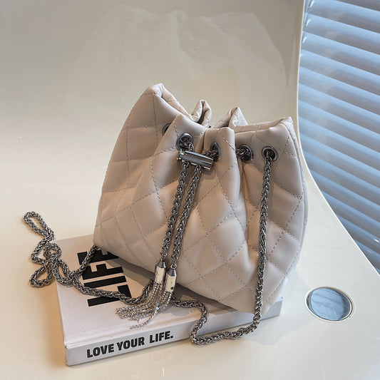 Women Fashion Casual Solid Color Plaid Chain Bucket Shoulder Bag