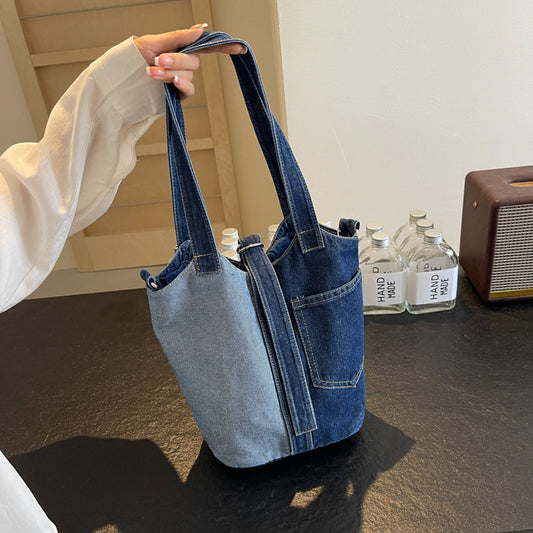 Sacs à main seau en denim de grande capacité avec coutures contrastées 