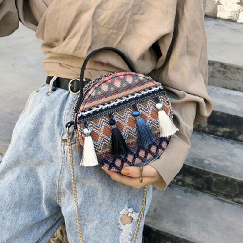 Women Boho Tassel Decorative Woven Design Color Blocking Crossbody Bag