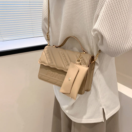 Women Fashion Solid Color Letter Embossed Flap Crossbody Bag