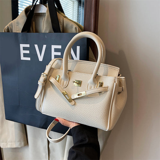 Women Fashion Solid Color Lock PU Handle Shoulder Bag