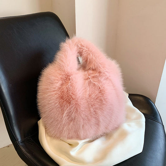 Autumn And Winter Women Solid Color Plush Shoulder Handbag