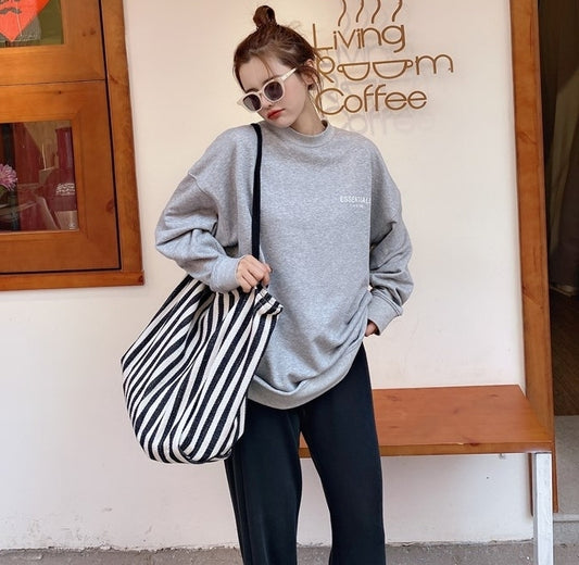 Women Casual Stripe Large Capacity One Shoulder Canvas Bag