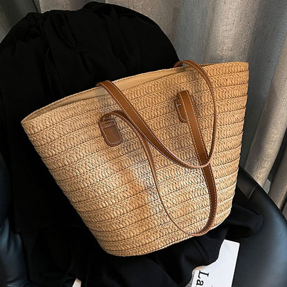 Sac fourre-tout d'été en paille tissée à la mode pour femmes, grande capacité 