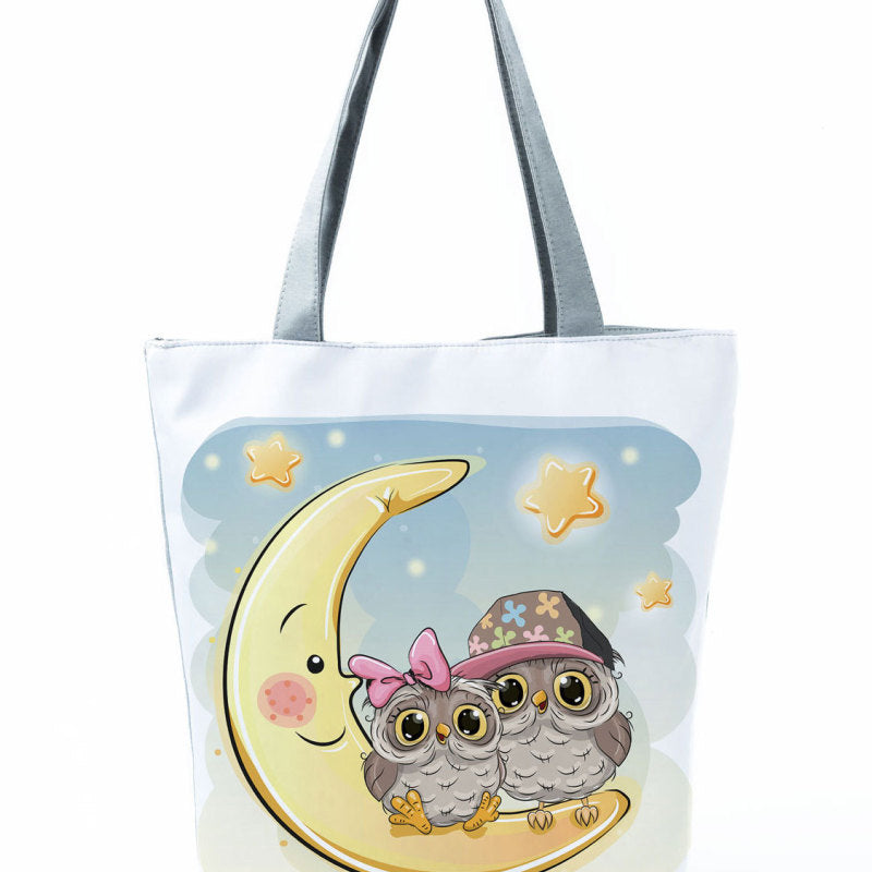 Simple White Creative Cartoon Owl Print Shopping Bag