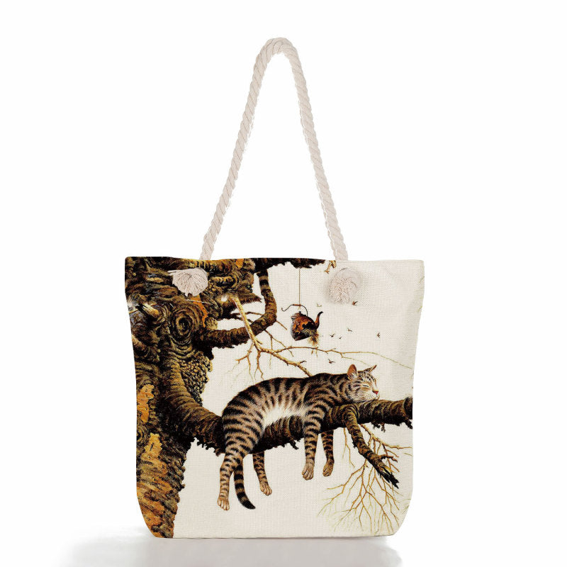 Women'S Cute Cat Print Thick Rope Travel Shopping Bag