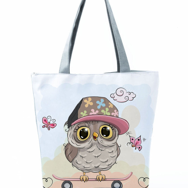 Simple White Creative Cartoon Owl Print Shopping Bag