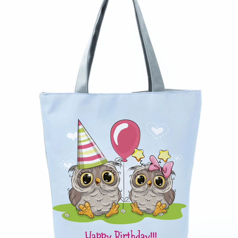 Simple White Creative Cartoon Owl Print Shopping Bag