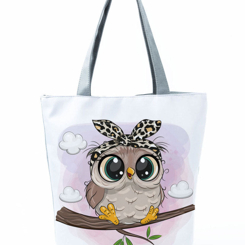 Simple White Creative Cartoon Owl Print Shopping Bag