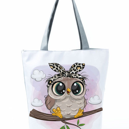 Simple White Creative Cartoon Owl Print Shopping Bag