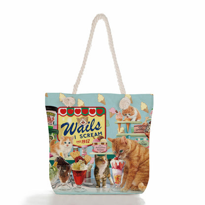 Women'S Cute Cat Print Thick Rope Travel Shopping Bag