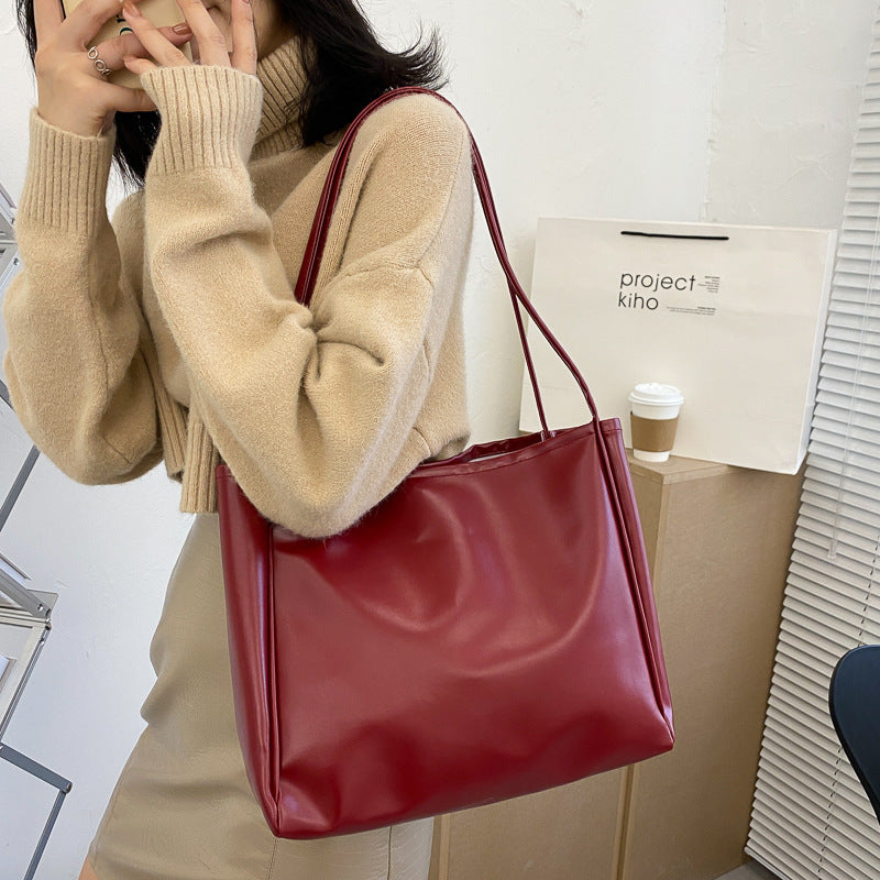 Women Fashion Basic Solid Color Large Capacity PU Shoulder Bag With Pendant