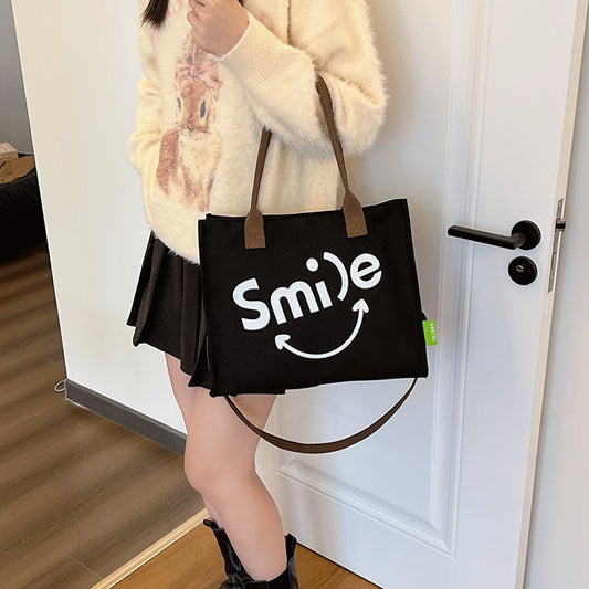 Autumn And Winter Letters Contrast Canvas Shoulder Bag Women'S Large Capacity Casual Tote Bag Smiley Printed Canvas Bag