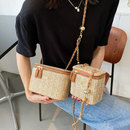 Women Fashion Simple Straw Woven Zipper Square Crossbody Bag