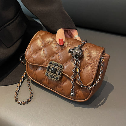 Women Casual Simple Solid Color Embroidery Chain Crossbody Bag