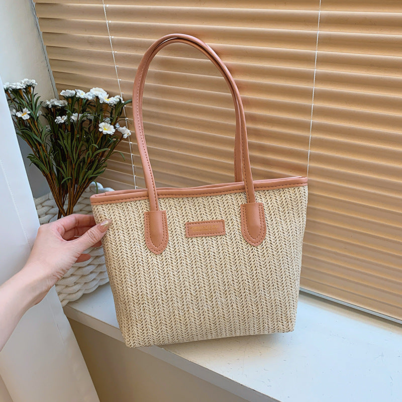 Summer Women Fashionable Solid Color Straw Woven Large Capacity Tote Bag