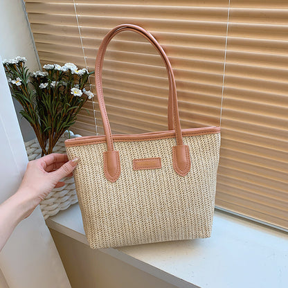 Summer Women Fashionable Solid Color Straw Woven Large Capacity Tote Bag