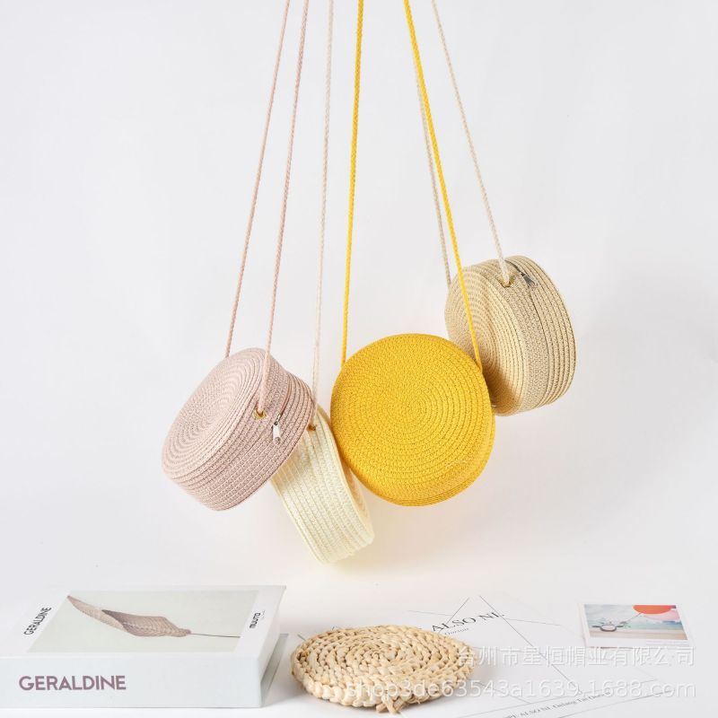 Summer Women Fashion Solid Color Vacation Beach Straw Woven Round Shoulder Crossbody Mini Bag