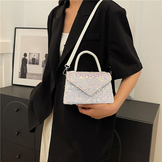 Sac à bandoulière à rabat et poignée carrée à paillettes pour femme, tendance été 