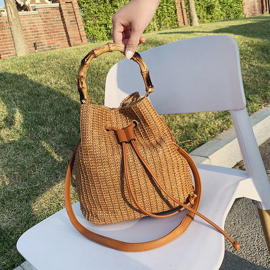Sac seau à cordon de serrage pour femme, style vintage tissé, tendance été