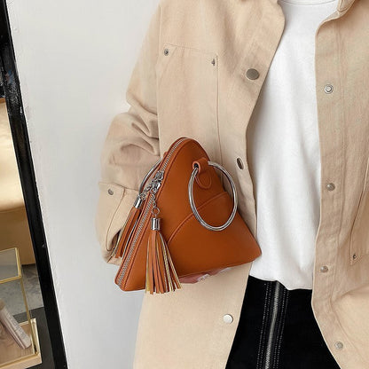 Women Creative Tassel Hoop Decoration Triangle Shape PU Handle Bag