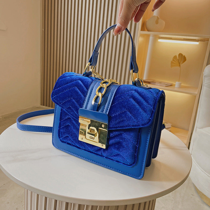 Women Elegant Metal Buckle Chain Design Solid Color Patchwork PU Crossbody Bag