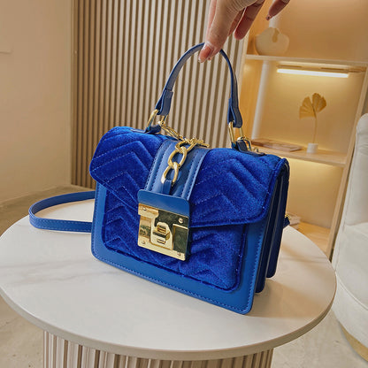 Women Elegant Metal Buckle Chain Design Solid Color Patchwork PU Crossbody Bag