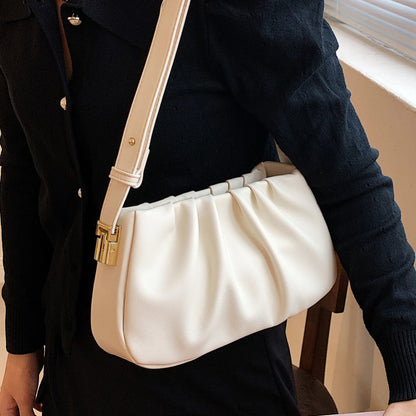 Women Fashion Retro Solid Color Pleated Shoulder Bag