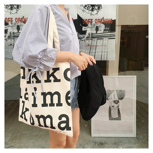 Women Casual Design Solid Color Letter Pattern Canvas Large Capacity Shoulder Handle Tote Bag