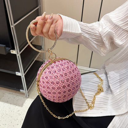 Women Fashion Elegant Round Sequin Hollow Handle Clip Chain Shoulder Evening Mini Bag